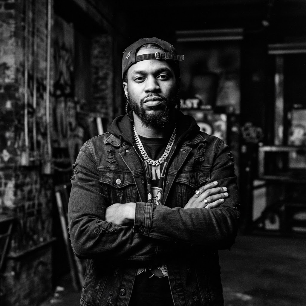 Hip-hop artist posing confidently in the studio