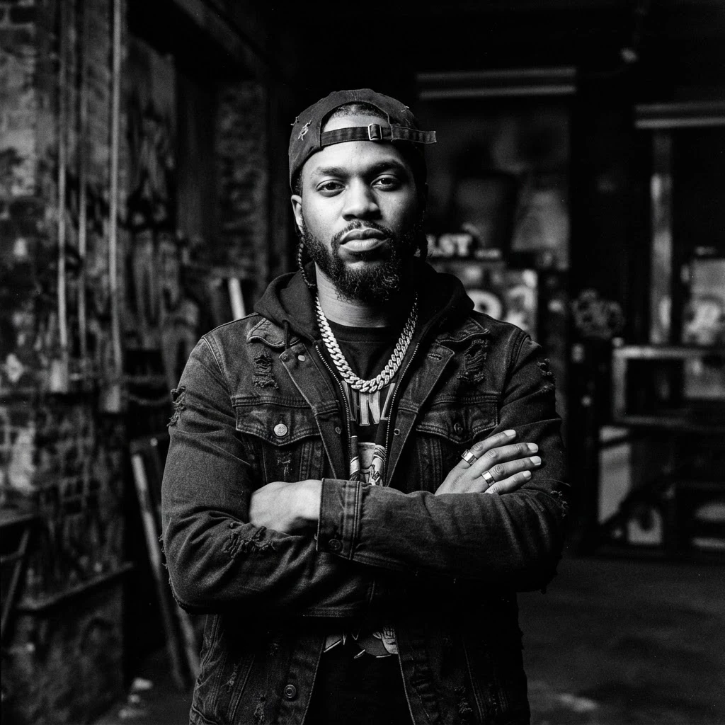 Hip-hop artist posing confidently in the studio