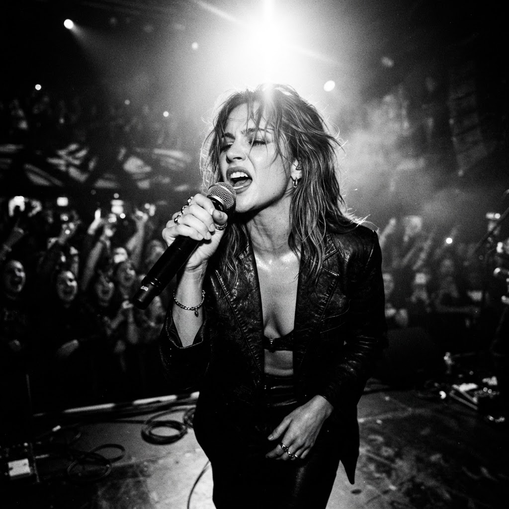 Pop artist singing on a brightly lit stage