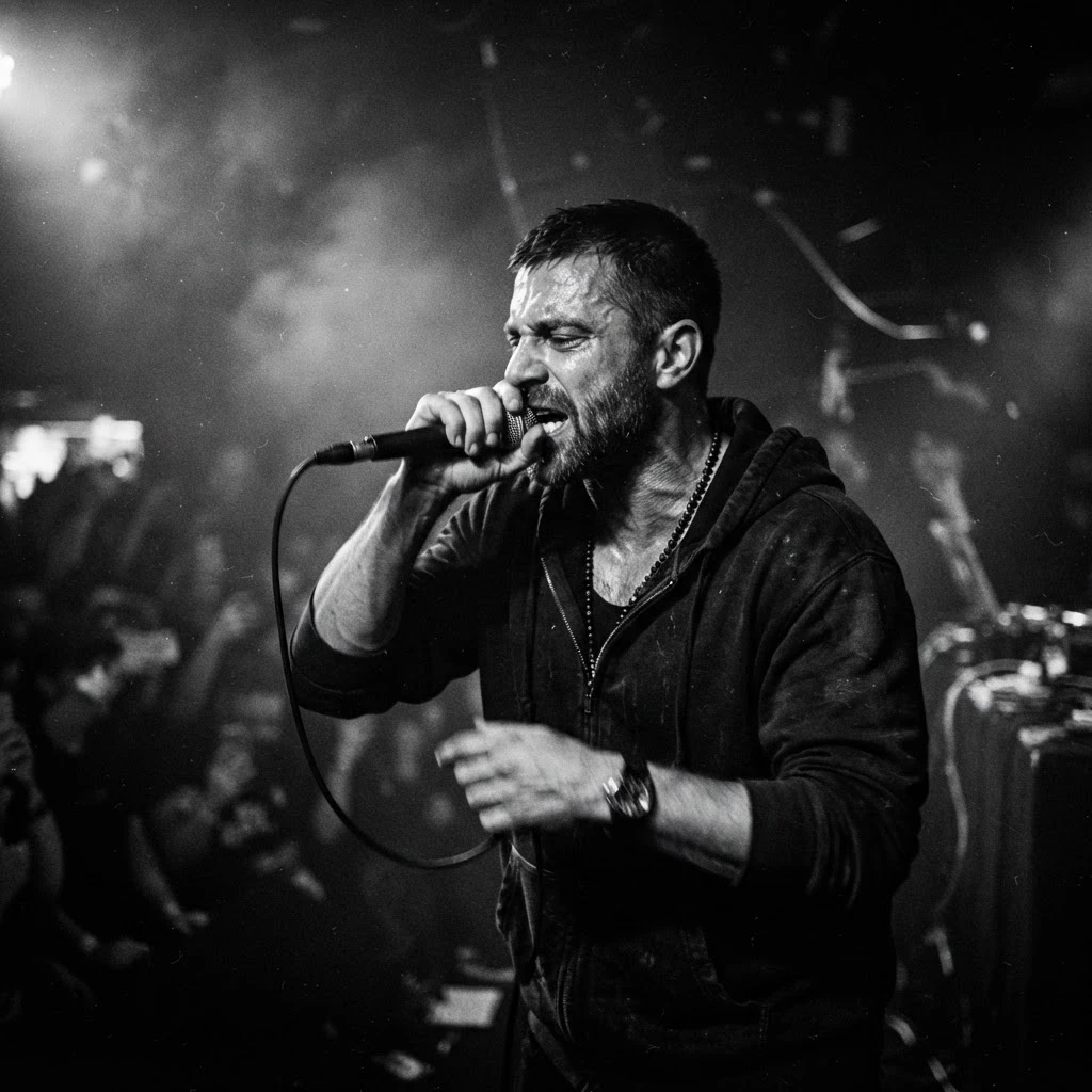 Rapper performing intensely into a microphone