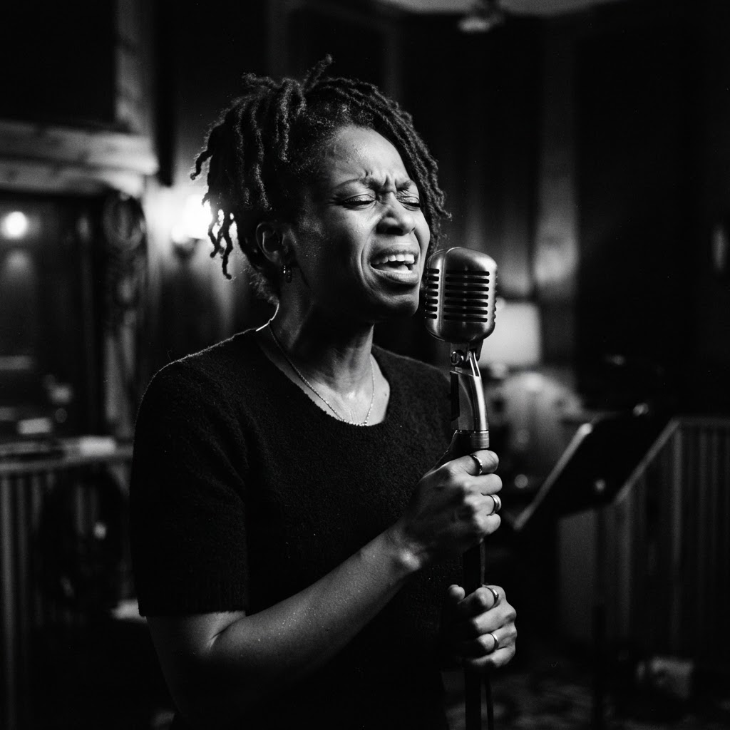 R&B singer performing at a vintage studio microphone